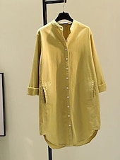 cheap Dresses-Women&#039;s Long Dress Maxi Dress Linen-Inspired Dresses Shirt Dress Casual Dress Cotton Linen Dress Stylish Casual Vacation Daily Date Regular Fit Plain Long Sleeve Stand Collar White Yellow Pink Green