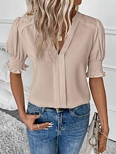 preiswerte Einfache Blusen-Damen Hemd Bluse Einfarbig Stilvoll Lässig Kurzarm Langarm V Ausschnitt Normale Oberteile Täglich Arbeit Ferien Schwarz Weiß Pudriges Rosa Orange Grün Sommer Frühling