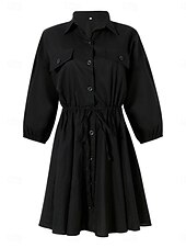 economico disegnare abiti in cotone e lino-Per donna Mini Abito Abiti in cotone e lino Abito Camicia Vestito Casual Essenziale Casual Vacanza Quotidiano Vestibilità regolare Semplice Manica 3/4 Colletto a Camicia Nero Cachi Estate