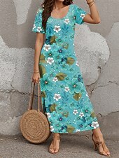 tanie kwiatowa sukienka-Sukienka maxi damska Sukienka codzienna Sukienka plażowa Sukienka Shift Stylowa Casual Wczasy codzienne Regular Fit Kwiatowa Krótki rękaw Okrągły dekolt Zielona Wiosna Jesień