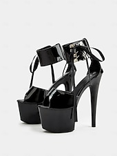 cheap Dress Sandals-Black Patent Leather Platform Sandals with Lace-Up Ankle Straps – Sexy Women&#039;s High Heel Shoes for Club and Dance