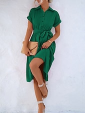 preiswerte Kleider für die Arbeit-Damen Midikleid blusenkleid Casual kleid A Linie Kleid Stilvoll Ausgefallene Arbeit Täglich Regular Fit Glatt Kurzarm Hemdkragen Rosa Grün Sommer Frühling