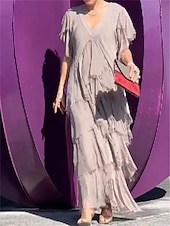 preiswerte Chiffonkleider-Damen Maxikleid Freizeitkleid elegant stylisch lässig Urlaub Party Alltag Regular Fit einfarbig Kurzarm V-Ausschnitt schwarz grün grau Sommer Frühling Herbst