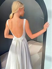 abordables Petites Robes Blanches-Petite Robe Blanche Hall Robes de Douche Nuptiale Robes de Mariage Boho Robes de Bal Bretelles Spaghetti Décolleté Écope Sans Manches Longueur Thé Tissu Élastique Costumes de Mariée Robes de Mariée