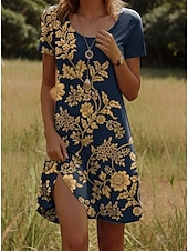 preiswerte Boho Kleider-Damen Mini Kleid Lässig Kleid Petite Kleid T-Shirt Kleid Tee Kleid Sommerkleid Lässig Urlaub Lässig Täglich Reguläre Passform Floral Kurzarm Rundhals Blau Dunkelblau Sommer