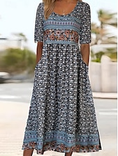 abordables Robes Bohémiennes-Femme Robe Maxi Robe casual Robe Évasée Robe Trapèze robe boheme Décontractées du quotidien Standard Floral Manche Courte Col V Noir Rouge bleu marine Bleu Roi Eté Printemps Automne