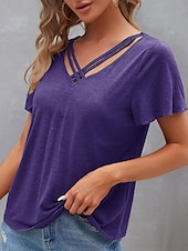 abordables T-shirt uni-Femme T shirt Plein Mode Moderne Décontractées Manche Courte Col V Hauts réguliers du quotidien Fin de semaine Noir Vert Véronèse bleu marine Violet Eté Printemps