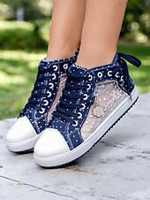 economico Sneakers da donna-sneakers alte in tela con lacci blu da donna con pannelli in rete ricamati, design a pois per abbigliamento casual e outdoor