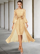 ieftine Seturi de rochii pentru mama-Rochie în două piese Fustă pentru mama miresei Invitat la nuntă Elegantă Rochie de petrecere pe umeri Lungime până la genunchi Chiffon Dantelă Mătase imitată Mâneci 3/4 cu fundițe 2025 mărime