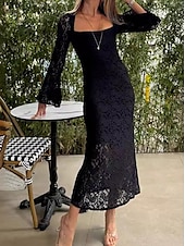 levne Bílé krajkové šaty-Dámské Maxi šaty Bílé šaty Černé šaty Krajkové šaty Elegantní stylové Sexy Svatební Dovolená Párty Běžný Dlouhý rukáv Hranatý Černá Bílá Léto Jaro Podzim Zima