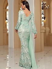 baratos VERDE-Vestido de Noiva Sereia  Trompete Vestido Elegante Formal Comprimento Total Manga Longa Decote V Bordado com Franjas de Brilho