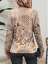 abordables T-shirt Boho-Femmes T-shirt Fleuri Géométrique Occasionnel manche longue Col ras du cou Hauts Réguliers Quotidien Imprimé Kaki Printemps Automne