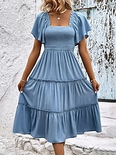 preiswerte Blumenkleider-Damen Midikleid Casual kleid Schaukelkleid A Linie Kleid Stilvoll Basic Brautkleider schlicht Urlaub Täglich Regular Fit Glatt Kurzarm Quadratischer Ausschnitt Blau Sommer