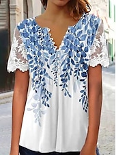 cheap Boho tee-Women&#039;s Lace Splicing Top Graphic Flowers Elegant Bohemia Fashion Short Sleeve Flutter Sleeve Round Neck Regular Tops Daily Weekend Vacation Wear Lace Patchwork Print White Light Green Navy Blue Blue