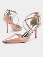 cheap Formal-Glamorous Burgundy Wedding Heels for Women - Patent Leather Stilettos with Rhinestone Floral Embellishments, Perfect for Bridal and Formal Occasions