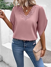 preiswerte Spitzenoberteile-Damen Hemd Bluse Feste Farbe Stilvoll Brautkleider schlicht Halbe Ärmel Eine Glocke V Ausschnitt Normale Oberteile Täglich Spitze Patchwork Rosa Leicht Blau Sommer Frühling Herbst