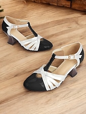 voordelige jaren 30-dameslavendel en zilveren t-band pumps met hak, uitsparingen en middelhoge hak voor elegante dansfeesten en formele gelegenheden