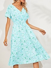 billiga Eleganta blommiga klänningar-Dam Midiklänning Vardagsklänning Swingklänning A linjeklänning Stylish Ledigt Semester Dagligen Normal Blommig Kortärmad V-hals Svart Vit Gul Rodnande Rosa Sommar