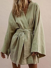 economico abiti stampati in cotone e lino-Per donna Mini Abito Abiti in cotone e lino Essenziale Casual Vacanza Feste Quotidiano Vestibilità comoda Semplice Manica Lunga Scollo a V Bianco Verde Primavera Autunno