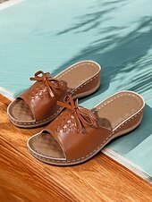 cheap Vacation Sandals-Women&#039;s Brown Open-Toe Slide Sandals with Woven Pattern and Bow Detail - Comfortable Casual Footwear for Summer and Daily Wear
