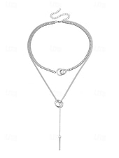 voordelige Dames ketting-gelaagde zilveren ketting met cirkel- en staafhanger, minimalistische statement sieraden voor vrouwen, perfect voor feestjes, dates en dagelijks gebruik