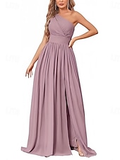baratos Vestidos para Madrinhas-vestido de dama de honra em corte A, um ombro, sem mangas, elegante, longo, chiffon, com pregas / frente aberta / franzido 2025