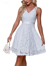 cheap Little White Dresses-Engagement Little Graduation White Dresses Wedding Dresses A-Line V Neck Sleeveless Knee Length Satin Bridal Gowns With Sash / Ribbon 2025