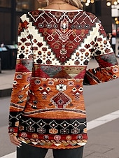 tanie T-shirt boho-Damskie Podkoszulek Graficzny Geometryczny Codzienny Długi rękaw Karbowana szyja Zwykłe topy Codzienny Nadruk Brązowy Wiosna Jesień