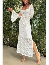 levne Bílé krajkové šaty-Dámské Maxi šaty Bílé šaty Černé šaty Krajkové šaty Elegantní stylové Sexy Svatební Dovolená Párty Běžný Dlouhý rukáv Hranatý Černá Bílá Léto Jaro Podzim Zima