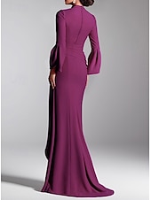 abordables violet-robe de soirée sirène / trompette robe élégante robe formelle de mariage invité balayage / pinceau train manches longues col en V crêpe extensible avec plis bretelles froncées 2025