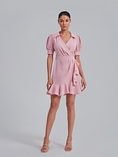 cheap Wrap Dresses-Puff Sleeve Wrap Dress with Ruffle