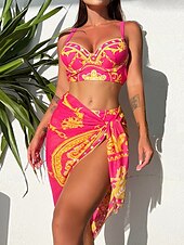voordelige 3-delige bikiniset-Dames Zwemkleding Bikini 2 stuks Rok Zwempak Blote rug Slank Vakantie Strand Kleding Bloemig Halternek Mouwloos Badpakken