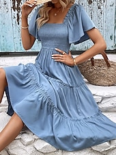 preiswerte Blumenkleider-Damen Midikleid Casual kleid Schaukelkleid A Linie Kleid Stilvoll Basic Brautkleider schlicht Urlaub Täglich Regular Fit Glatt Kurzarm Quadratischer Ausschnitt Blau Sommer
