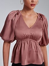 cheap Blouses &amp; Shirts-V-Neck Puff Sleeve Peplum Top