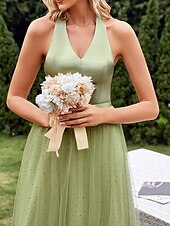 abordables Robes de demoiselle d&#039;honneur-Trapèze Robe de Demoiselle d&#039;Honneur  Col V Sans Manches Elégant Longueur Sol Nylon avec Avant Fendu 2022