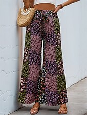 baratos perna larga e cintura alta-Mulheres Perna larga chinês Moda Roupa de rua Comprimento total Cintura Alta Leopardo Bolsos Cintura elástica Estampado Confortável Macio Micro-Elástica Ao ar livre Rua Preto Verão Primavera Normal
