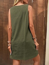 economico Vestiti-Per donna Mini abito Abito casual Abito in cotone e lino Abito senza maniche Essenziale Informale Da mare Giornaliero Standard Liscio Senza maniche Stondata Verde militare Beige Estate Primavera