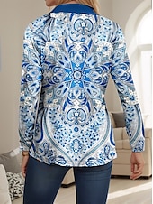 olcso Női Boho Felsők-Női ing Grafikai Modern Hétköznapi Hosszú ujjú V Nyak Ing Gallér Hosszú felsők Napi Gombok Mintás Fekete Sárga Rózsaszín Piros Kék Tavasz Ősz