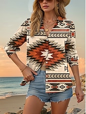 cheap Boho Tops-Women&#039;s Shirt Geometric Casual Long Sleeve Shirt Collar Regular Tops Daily Buttons Print Brown Spring Fall