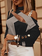 billige Kvinne Enkle Topper-Dame Skjorte Bluse Geometrisk Stilfull Fritid Langermet Asymmetrisk Vanlige topper Daglig Lapper Trykt mønster Hvit Navyblå Kakifarget Grå Sommer Vår