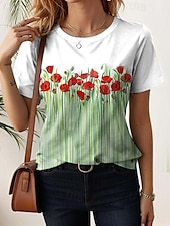abordables T-shirt floral-Femme T shirt Floral Décontractées Manche Courte Col Rond Hauts réguliers du quotidien Imprimer Vert Eté