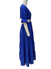 preiswerte abendkleider-Damen Maxidress abendkleider A Linie Kleid Elegant Stilvoll Brautkleider schlicht Ausgestellter Ärmel Party Verabredung Regular Fit Glatt Langarm V Ausschnitt Rote Blau Frühling Herbst Winter