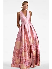 billiga Blommor-A-linjig Aftonklänning Hög Slits Klänning Strand Bröllop Formell Bröllop Gäst Golvlängd Ärmlös V-hals Ficka Satin med Blommönster Slits Ficka Derby Klänning Racedag Klänning Bröllop Gäst Klänning 2025