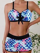 billiga Bikinis-Dam Badkläder Bikini Pojkeben Baddräkt Öppen rygg Hög midja Smal Semester Standkläder Grafisk V-hals Ärmlös Baddräkter