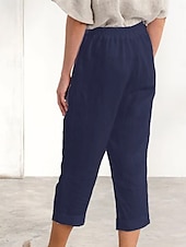 cheap Plain Cotton Linen Pant-Women&#039;s Cotton Linen Pants Chinos Fashion Streetwear Calf-Length High Waist Plain Pocket Elastic Waistband Comfy Soft Comfortable Micro-elastic Outdoor Street Navy-blue White Summer Spring Regular Fit