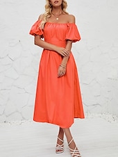 abordables Robe de cocktail-Femme Robe mi-longue Robe casual Robe Évasée Robe Trapèze Elégant mode Décontractées Vacances du quotidien Standard Plein Manche Courte Epaules Dénudées Rose Claire Orange Eté Printemps