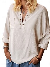 voordelige Overhemden-Dames Overhemd Blouse Katoenen linnen overhemden Effen Kleur Elegant Stijlvol Casual Lange mouw V-hals Normale tops Dagelijks Feestdagen Uitgaan Knop Beige Zomer Lente Herfst