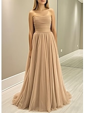 baratos Vestidos Baile Formatura-Linha A Vestidos de baile Elegante Vestido Formal Baile de Formatura Cauda Escova Sem Manga Sem Alças Cinto / Faixa Cetim com Laço(s) Pregas Franzido 2025