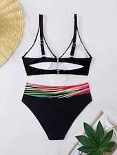 preiswerte Bikini-Sets-Damen Badeanzug Bikinis 2 Stück Cheeky-Bikinihose Bademode Rückenfrei Schlank Urlaub Strandbekleidung Farbblock V Ausschnitt Ärmellos Badeanzüge