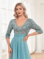 preiswerte BLAU-A-Linie Abschlussballkleider Glitzerndes Kleid Formelle Hochzeit Bodendeckend Langarm V-Ausschnitt Tüll mit Glitzer